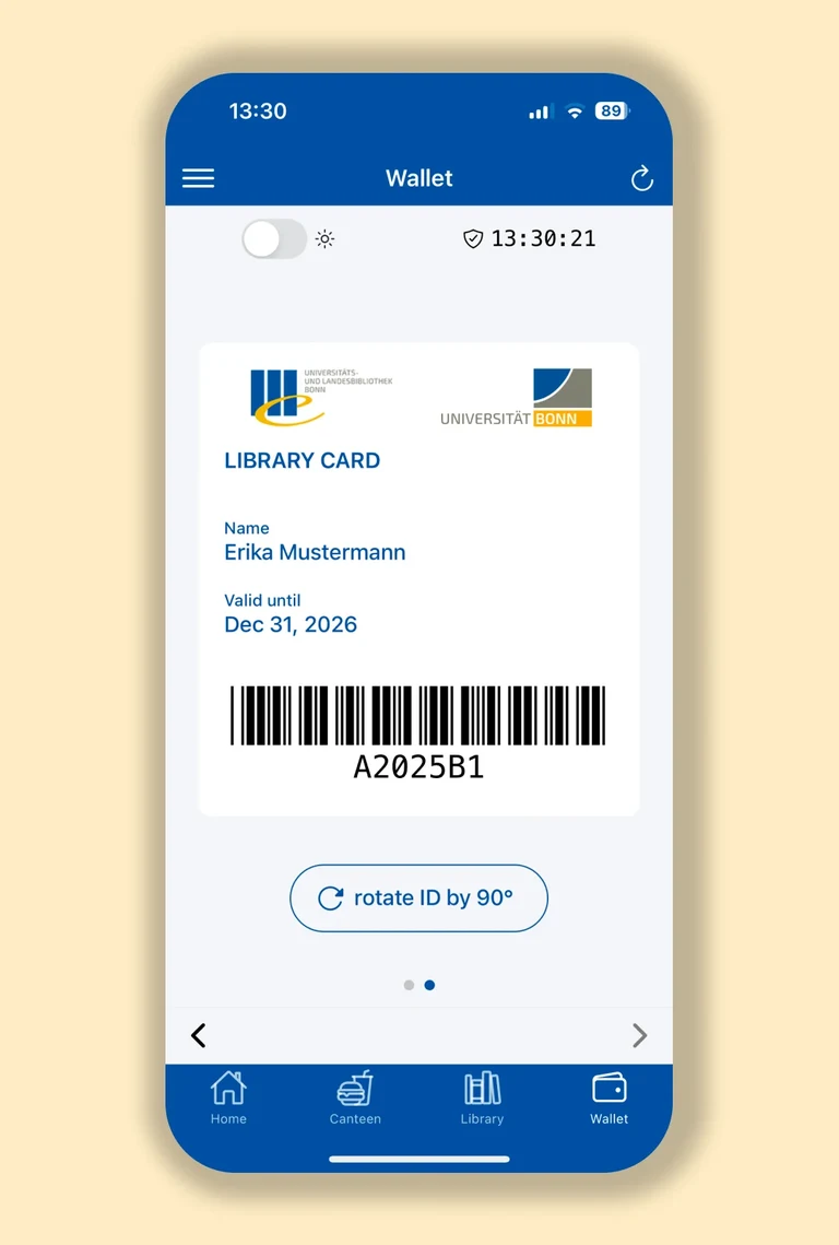Screenshots of the library card in the Uni Bonn app