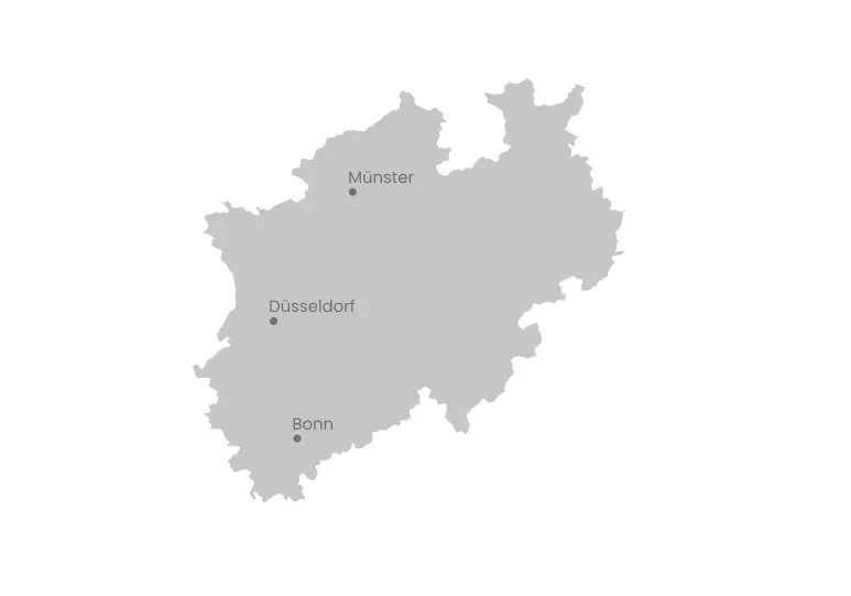 Karte von Nordrhein-Westfalen, auf der die Städte mit den drei Landesbibliotheken markiert sind